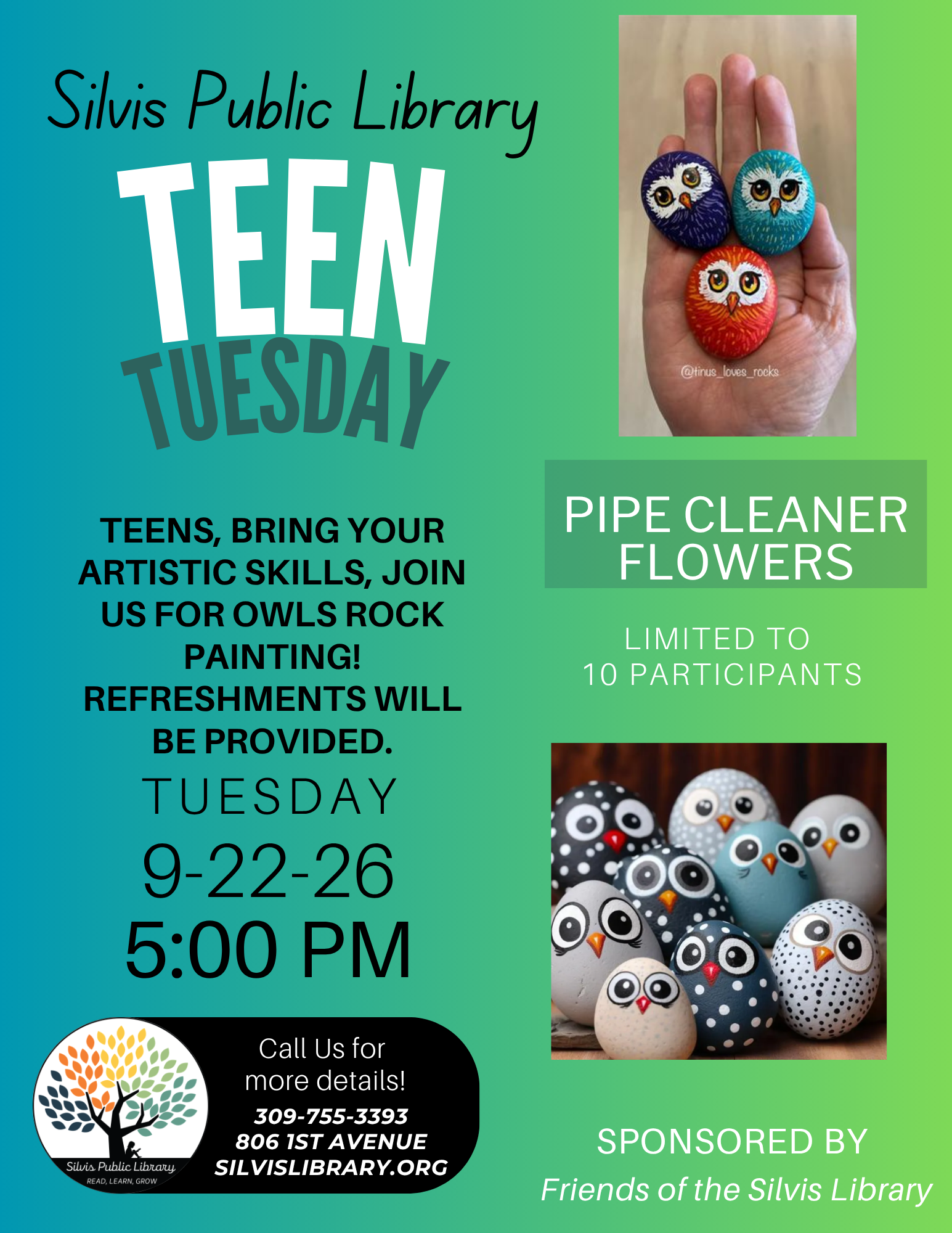 9-22-26 Teen Tuesday Rock Painting Owls